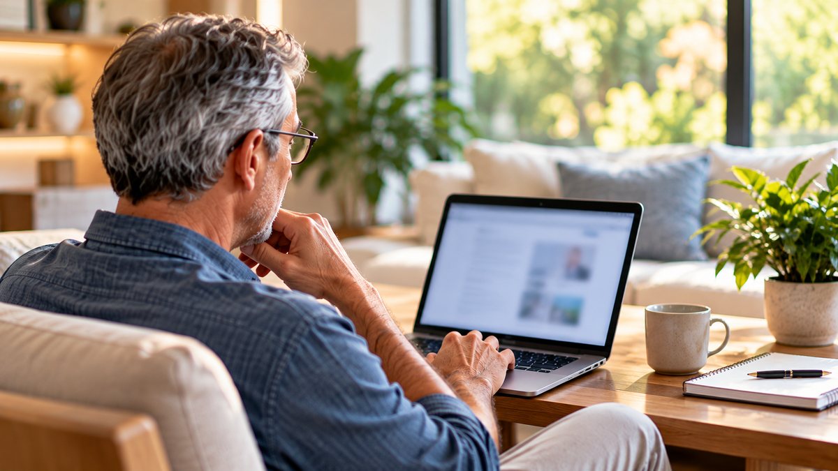 A man reviewing his benefits on a laptop at home